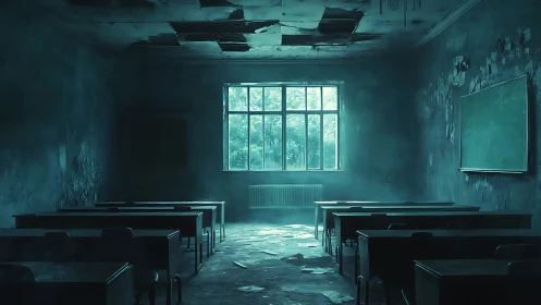 Abandoned classroom shows decayed interior and window light