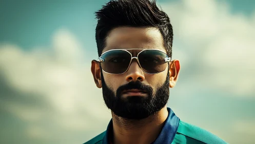 Confident bearded man in sunglasses under a soft sky.