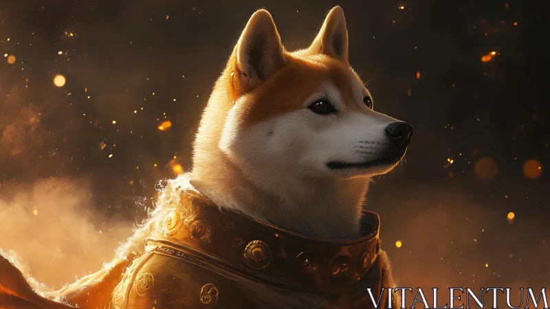 Dog in ornate armor stands against dark, ember-filled field