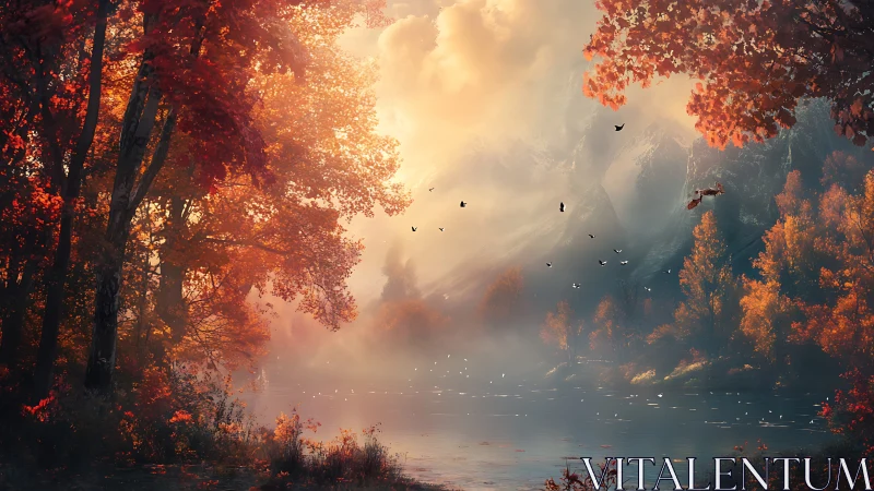 Autumn forest lake under misty mountains at golden sunrise.