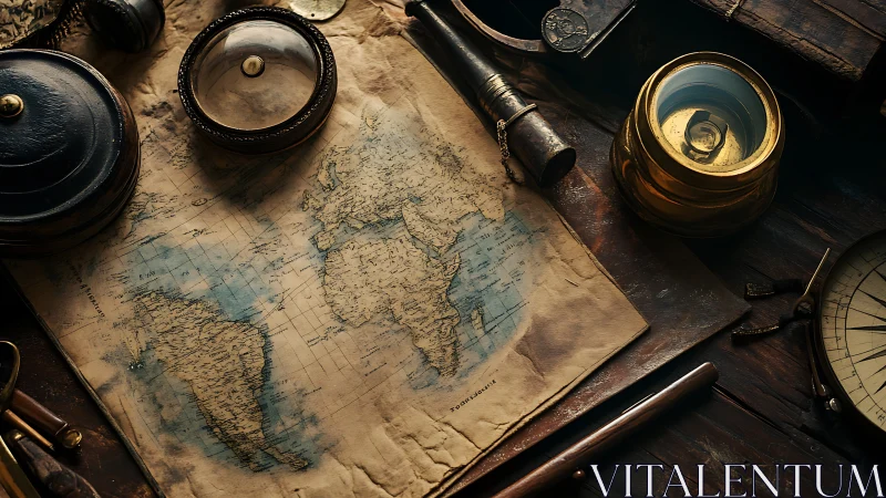 Vintage world map with antique nautical instruments on desk.