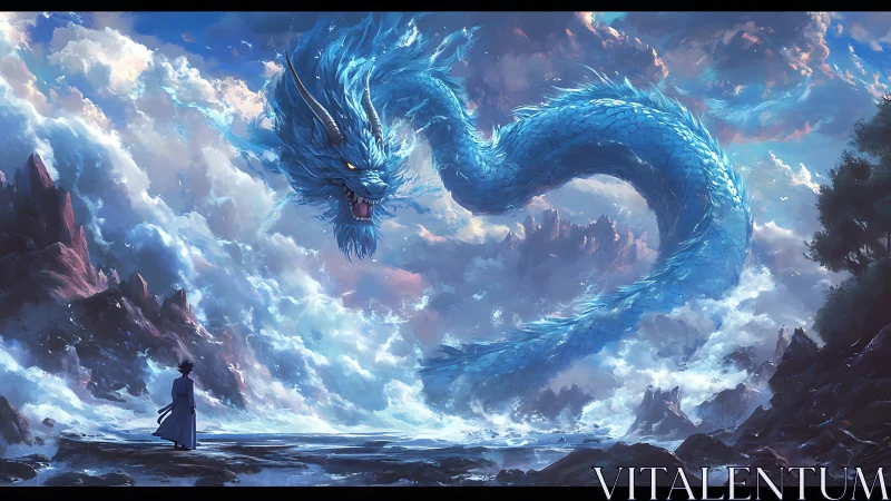 Skyborn blue dragon curls above a lone wanderer’s path