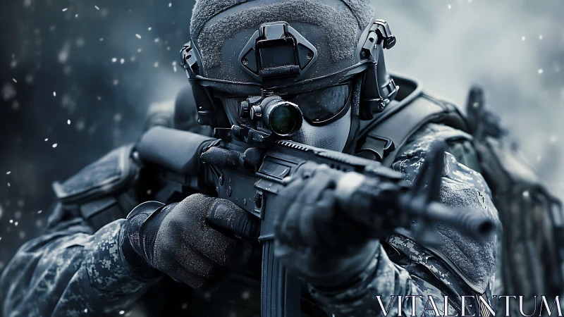 Frost‑covered tactical soldier holding steady under snowfall.