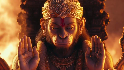 Serene monkey deity lifts twin blessings in molten dawn light