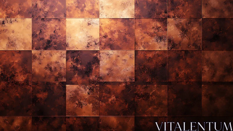 Tiled metallic surface shows uniform grid with mottled patina