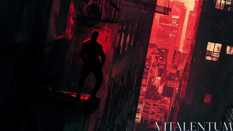 Silhouetted figure stands on ledge facing dense red cityscape