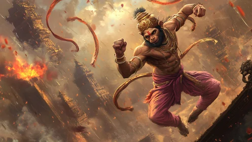 Skyborne monkey warrior storms burning mythic cityscape.