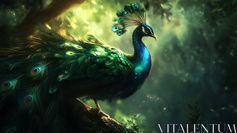 Majestic peacock in enchanted forest, vibrant fantasy digital art.