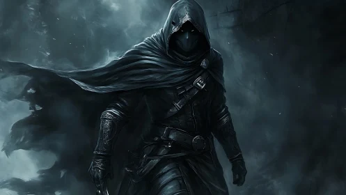 Shadowed rogue in a storm of swirling midnight fog stands poised.