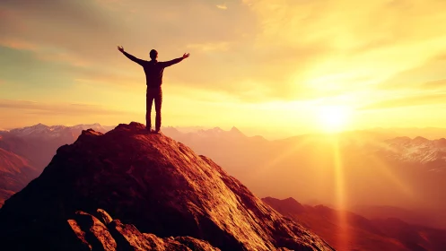 Silhouetted climber greets a blazing golden mountain sunrise