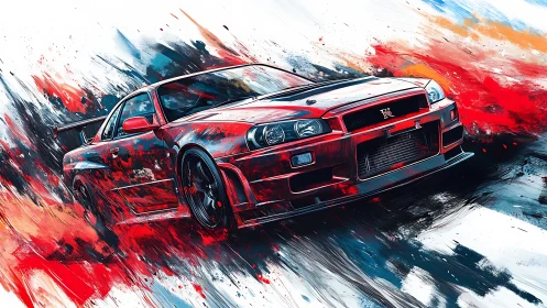 Red sports car rendered in dynamic digital paint motion
