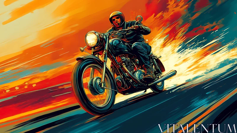 Motorcyclist rides at speed through vivid orange night.