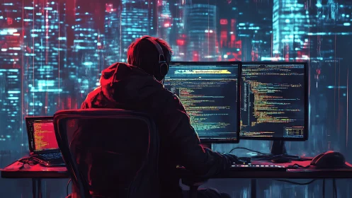 Solitary coder monitors neon data streams in cybernetic studio