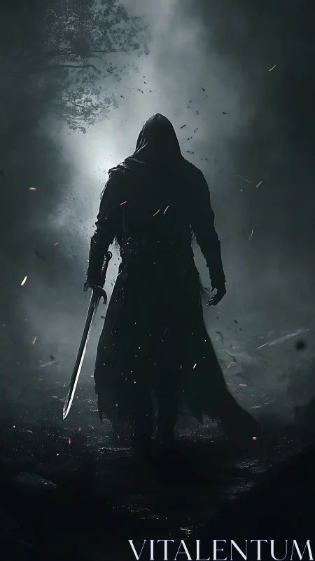 Cloaked swordsman silhouette in dramatic backlit digital painting.