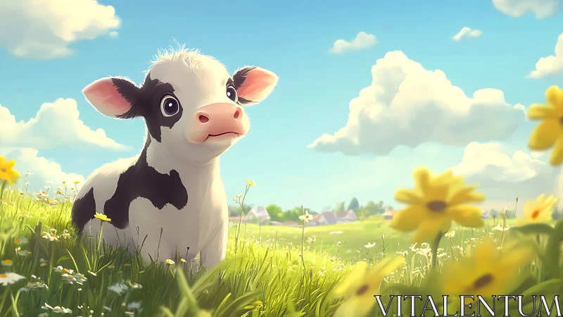 Young cartoon calf in sunlit flowered meadow landscape.