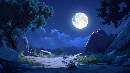 Moonlit rocky path rendered in atmospheric anime nightscape
