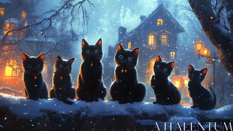 Winter Vigil: Six Black Cats in Luminous Nocturnal Landscape.