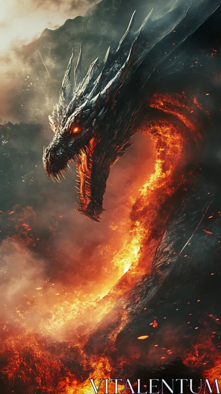 Infernal dragon rising through molten flame vortex under stormy sky.