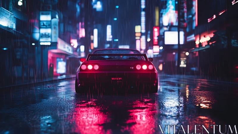 Cyberpunk rear-street sports car in neon-soaked nocturnal rain.