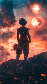 Stargazing warrior framed by twin blazing suns at dusk.