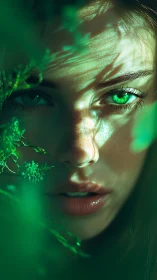 Optical close-up of emerald-illuminated face in foliage field.