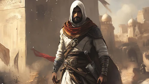 Desert rogue in white robes strides through sunlit city.