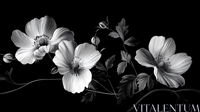 Delicate Cosmos Flowers in Monochromatic Botanical Study