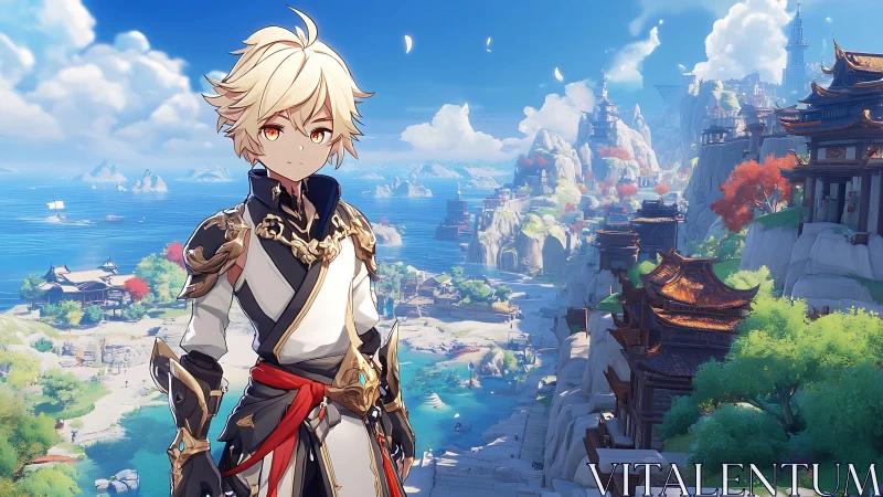 Blond anime adventurer overlooking coastal pagoda metropolis.