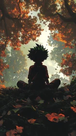 Backlit anime figure meditating beneath luminous autumn canopy