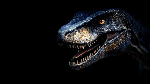 Predatory raptor head glows with fierce golden eyes