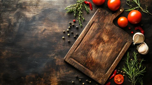 Rustic cutting board with tomatoes, garlic, herbs, spices.