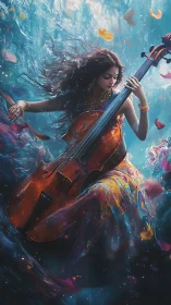 Underwater cellist channels cosmic currents and color.