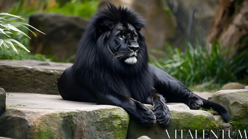 Majestic black lion rests calmly on mossy stone ledge outdoors
