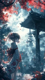 Crimson petals drift around shrine path and wistful girl.