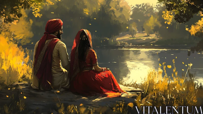 Bilateral chromatic study of couple by reflective riverside.