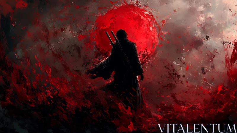 Lone warrior strides toward a burning crimson eclipse sky