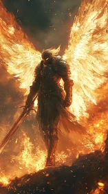 Flaming angelic warrior descends through a storm of fire