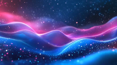 Colorful neon particle waves form glowing abstract landscape