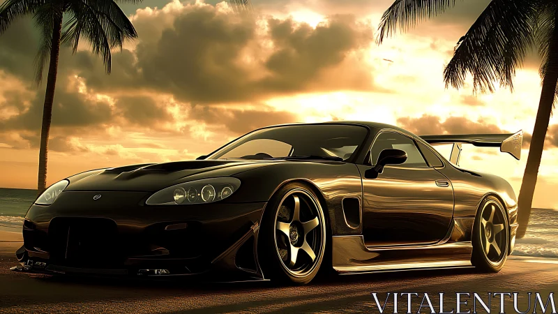 Black widebody tuner car glows under tropical sunset sky.