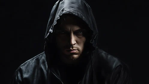 Man in dark hooded jacket with intense shadowed stare.