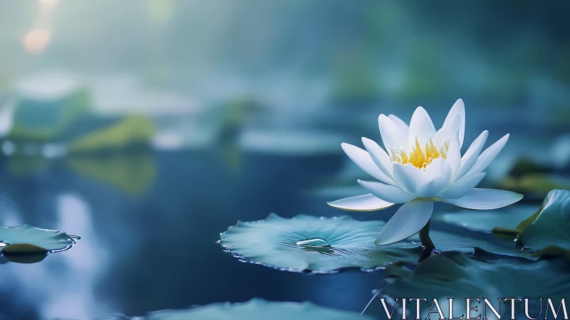 White water lily rendered with shallow depth and soft bokeh lighting