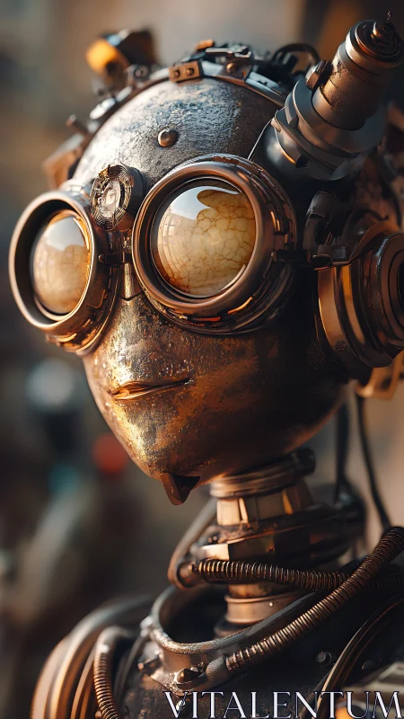 Steampunk android portrait with brass goggles and warm bokeh.