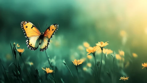 Digital painting of butterfly over sunlit meadowscape backdrop.
