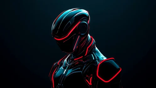 Futuristic cybernetic soldier with red neon highlights.