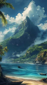 Mountainous tropical island coastline with cliffside harbor and boats