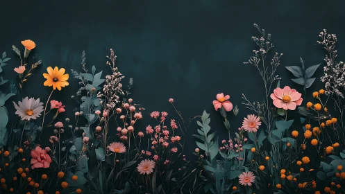 Botanical Composition with Pink and Orange Florals Against Dark Teal Background