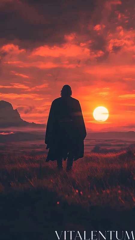 Solitary cloaked wanderer walks toward a blazing red sunset