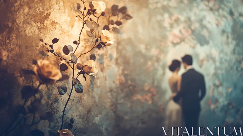 Delicate blooms frame a distant couple in an abandoned space.