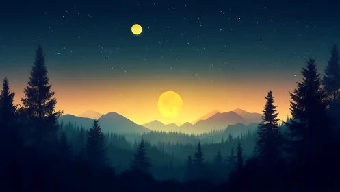 Dual Moon Mountain Wilderness Landscape at Twilight.
