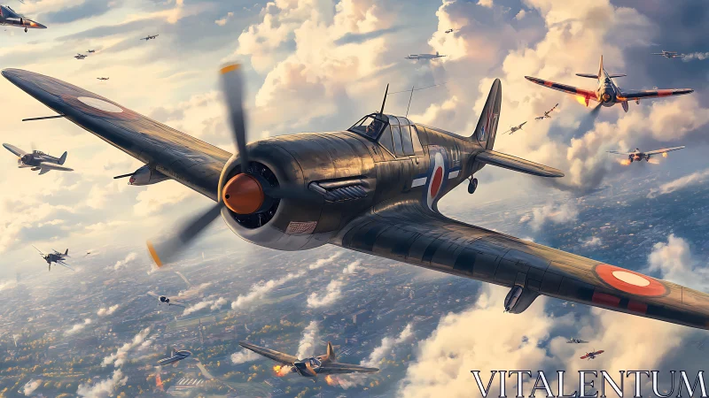 Storm of wartime fighters above clouds in dynamic pursuit.